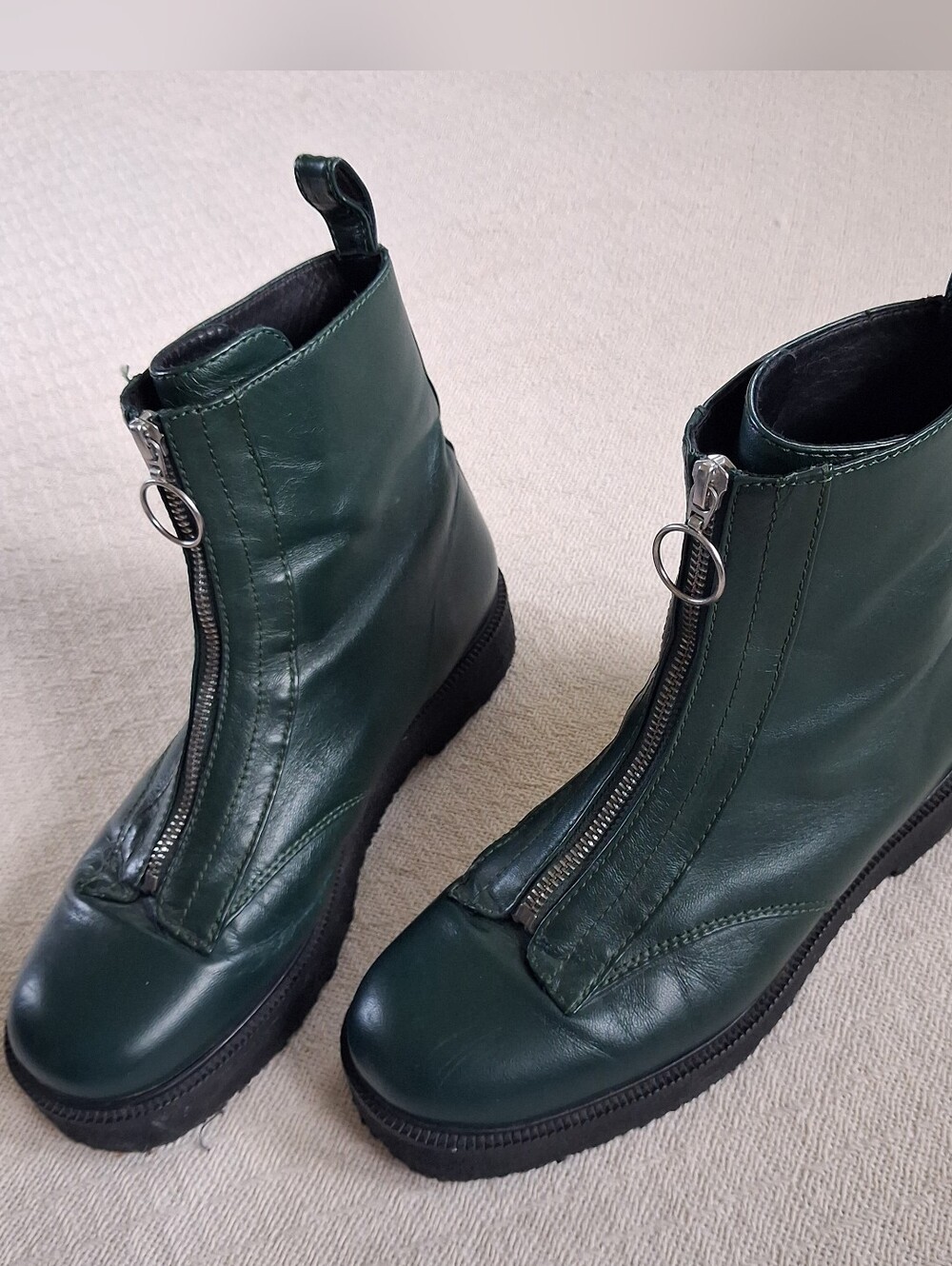 STAUD ♡ palermo front zip leather lug boots cypress green 39 / 9 goatskin combat